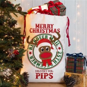 Personalised Reindeer Mail Christmas Present Sack