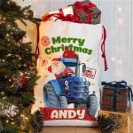 Personalised Santa Tractor Farmer Christmas Present Sack