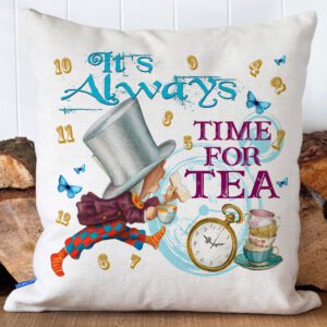 Alice in Wonderland Mad Hatter Cushion Cover Time For Tea Home Decor Gift