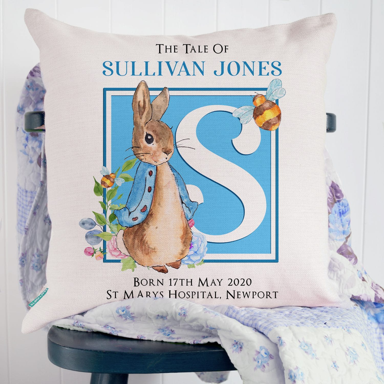 Personalised Peter Rabbit Newborn Christening Cushion Cover New Baby Boy Godparent Gift