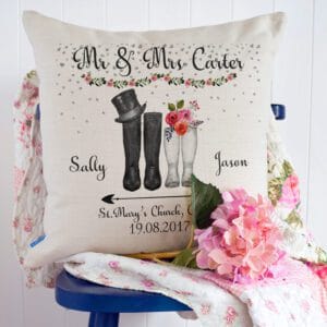 Personalised Wellies Wedding Cushion Cover Mr & Mrs Wellington Couple Gift