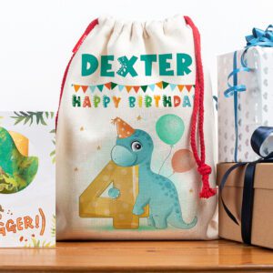 Personalised Kids Dinosaur 4th Birthday Present Bag Boys Party Gift Sack