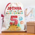 Personalised Kids Dinosaur 5th Birthday Present Bag Boys Party Gift Sack