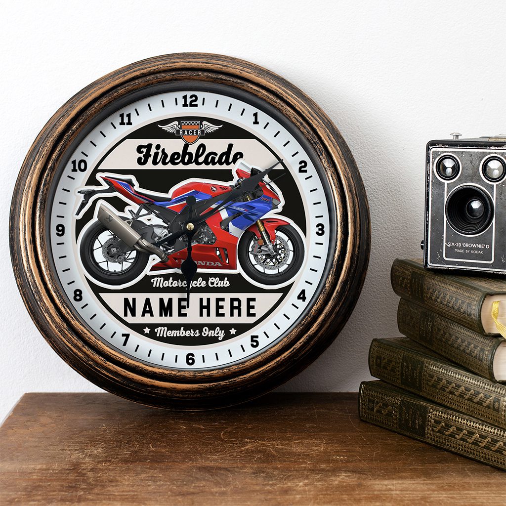 Personalised Motorcycle Wall Clock Honda Fireblade Biker Gift Motorbike Home Decor