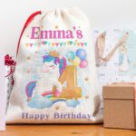 Personalised Kids 4th Birthday Unicorn Present Bag Girls Party Gift Sack