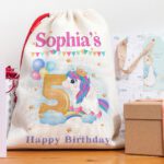 Personalised Kids 5th Birthday Unicorn Present Bag Girls Party Gift Sack