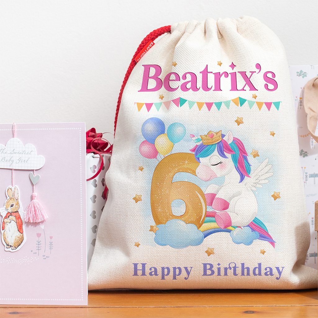Personalised Kids 6th Birthday Unicorn Present Bag Girls Party Gift Sack