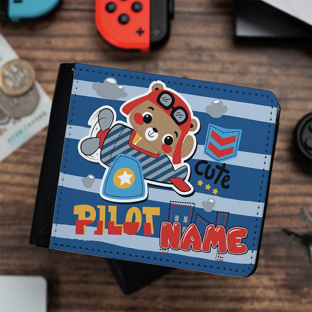 Personalised Bear Aeroplane Pilot Kids Wallet KK16