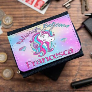Personalised Cute Unicorn Always Believe Kids Denim Purse KK49