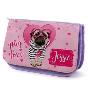 Pug Hearts Kids Purple Pencil Case