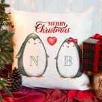 Personalised Christmas Penguin Couple Cushion Cover Festive Gift