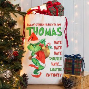 Personalised Grinch Christmas Present Sack for Festive Treats