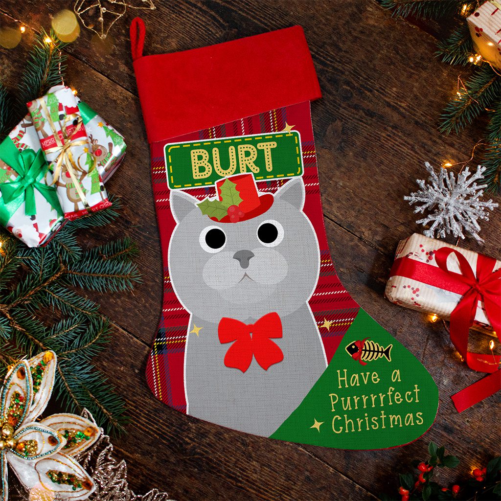 Personalised Grey Cat Christmas Treat Stocking Festive Pet Gift
