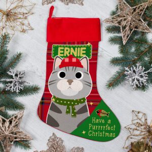 Personalised Grey Tabby Cat Christmas Treat Stocking Festive Pet Gift