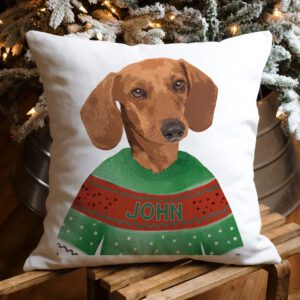Personalised Dachshund Christmas Cushion Cover Sausage Dog in Jumper Xmas Decor Gift