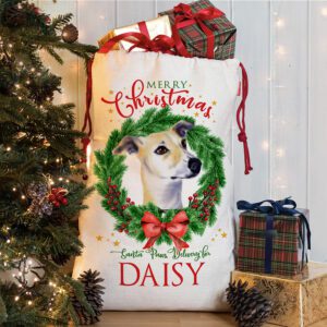 Personalised Greyhound Christmas Wreath Dog Treat Sack DWS33