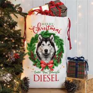 Personalised Husky Christmas Wreath Dog Treat Sack DWS35