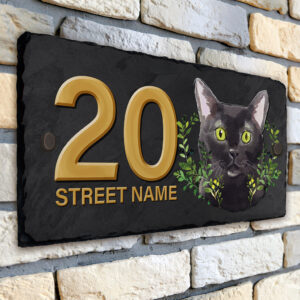 Personalised Black Cat House Number Slate KCS03