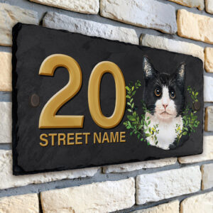 Personalised Black & White Cat House Number Slate KCS01