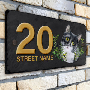 Personalised Black & White Cat House Number Slate KCS02