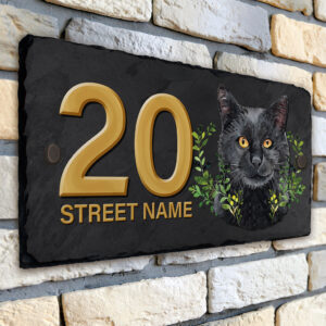 Personalised Black Cat House Number Slate KCS05