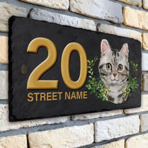 Personalised Grey Tabby Cat House Number Slate KCS07
