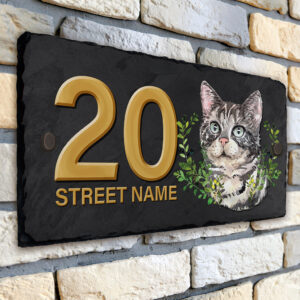 Personalised Grey Tabby Cat House Number Slate KCS12