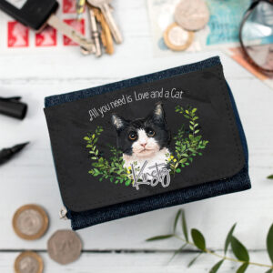Personalised Black & White Cat Denim Purse NDD60