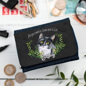 Personalised Black & White Cat Denim Purse NDD61