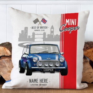 Personalised Blue Mini Classic Car Cushion Cover CC03