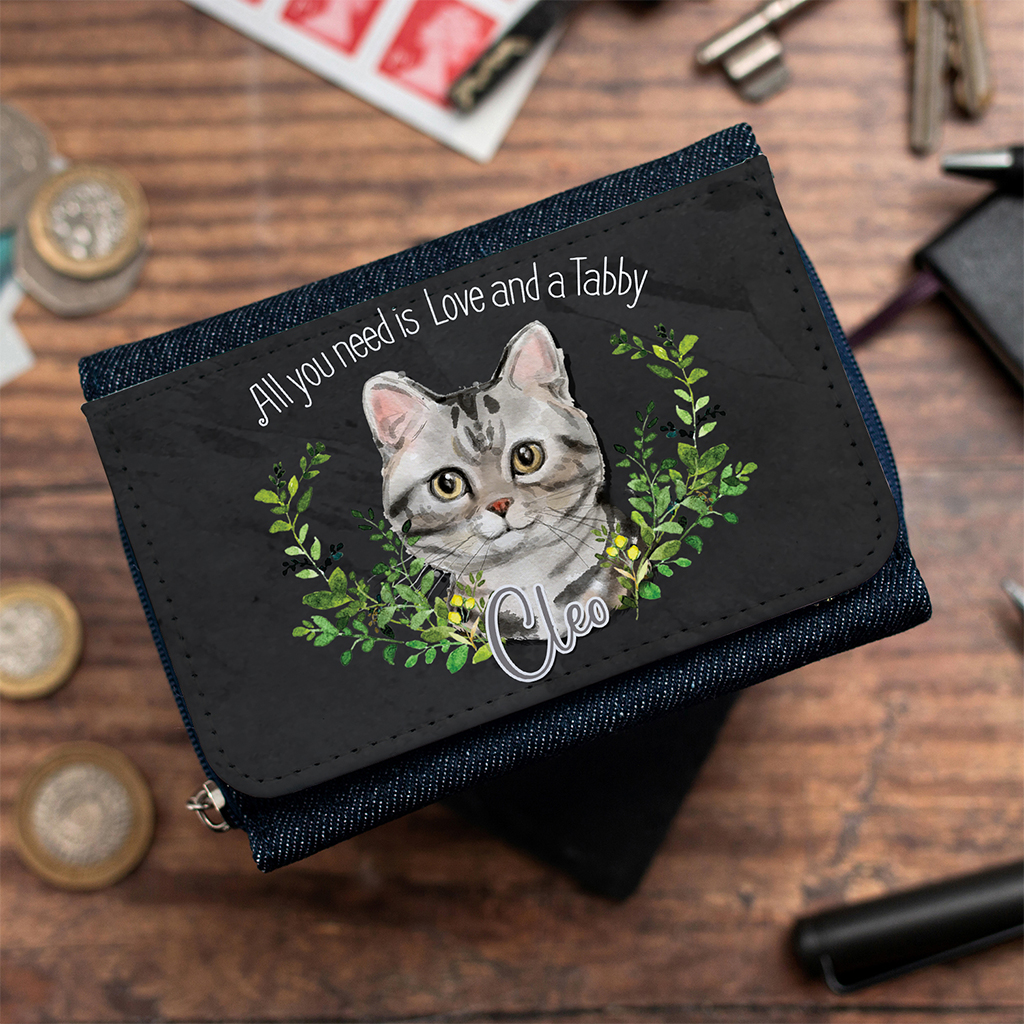 Personalised Grey Tabby Cat Denim Purse NDD66 - Image 3