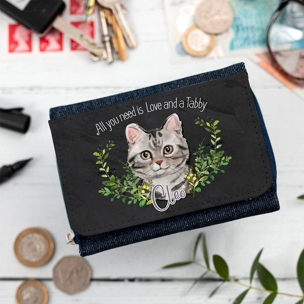Personalised Grey Tabby Cat Denim Purse NDD66