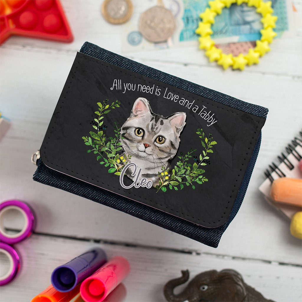 Personalised Grey Tabby Cat Denim Purse NDD66 - Image 6
