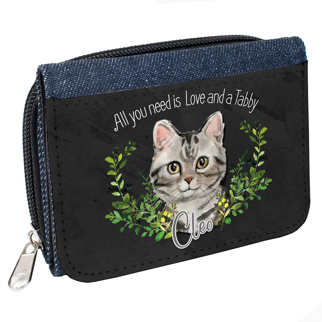 Personalised Grey Tabby Cat Denim Purse NDD66 - Image 2