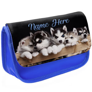 Personalised Cute Husky Puppies Kids Blue Pencil Case SH130