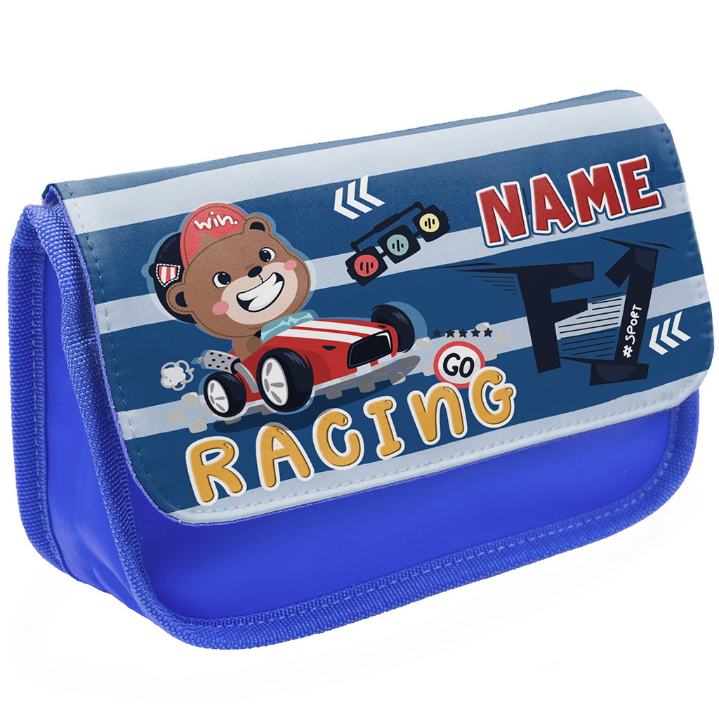 Personalised Bear Racing Driver Kids Blue Pencil Case KK19