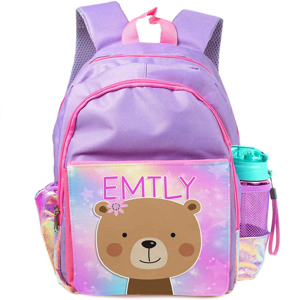 Personalised Cute Bear Purple Kids Backpack KKP35