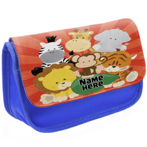 Personalised Safari Animals Kids Blue Pencil Case EC038
