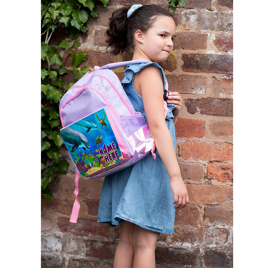 Personalised Dolphin Sea Turtle Purple Kids Backpack ST122 - Image 4