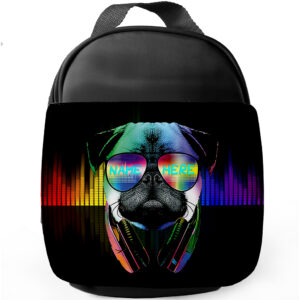 Personalised Neon Pug Kids Black Lunch Bag KD53