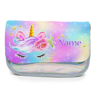 Personalised Cute Unicorn Kids Silver Pencil Case KKM42