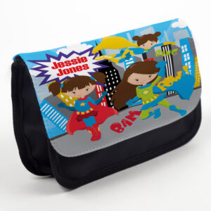 Personalised Superhero Kids Black Pencil Case Stationery Bag EC028