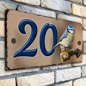 Personalised Blue Tit Bird House Number Slate SL08
