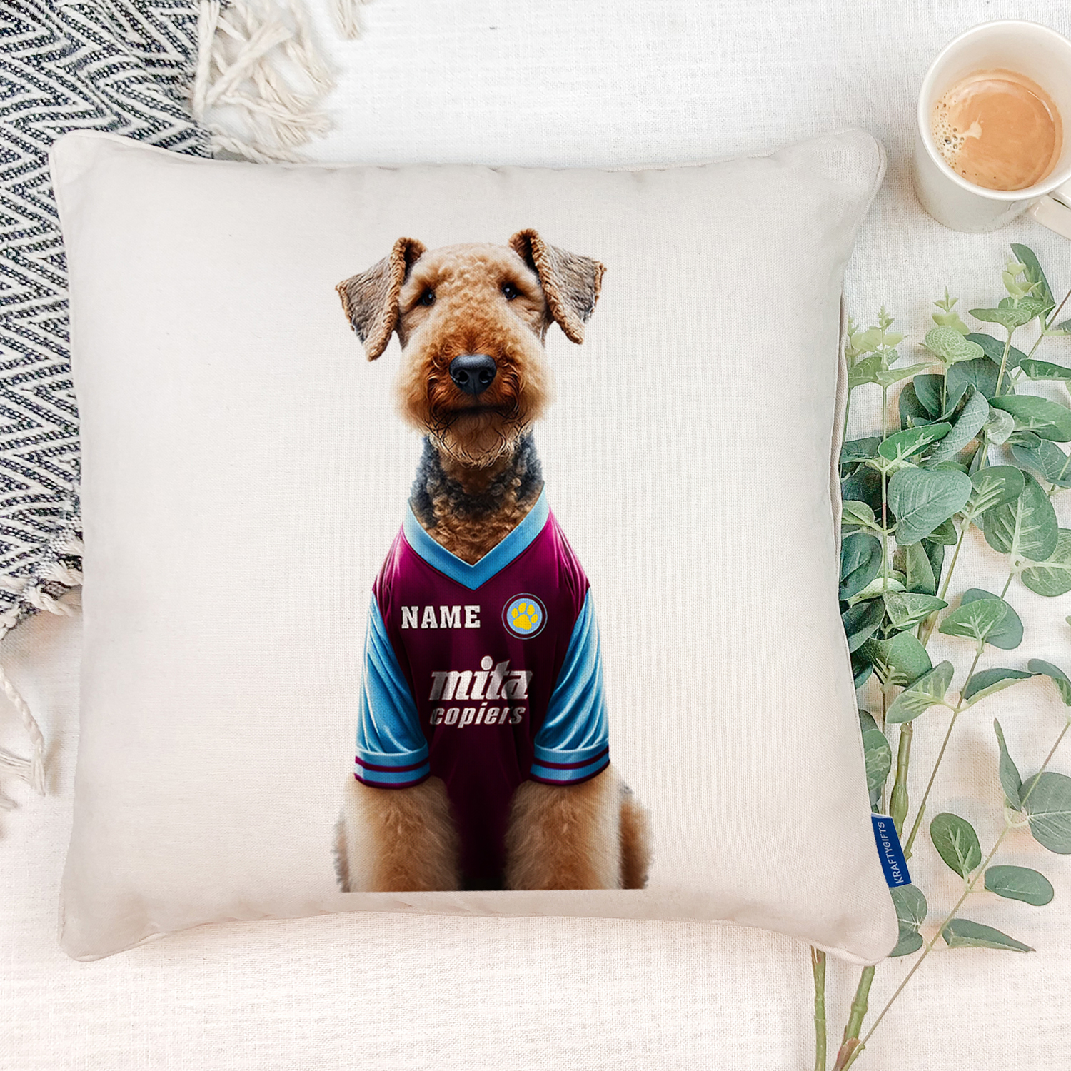 Aston Villa Football Airedale Dog Cushion Personalised Cover DFC523 - Image 3