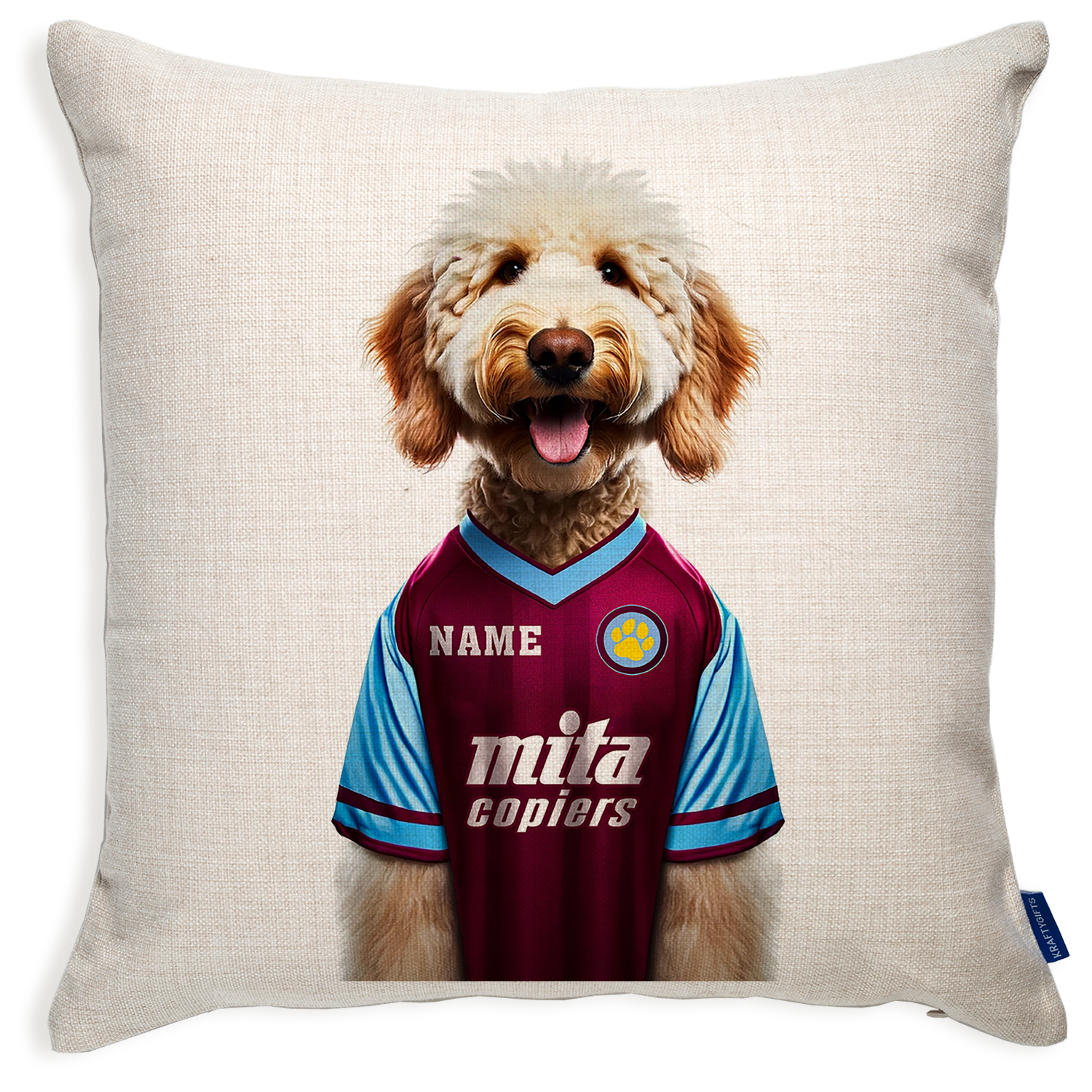 Aston Villa Football Blonde Doodle Dog Cushion Personalised Cover DFC548