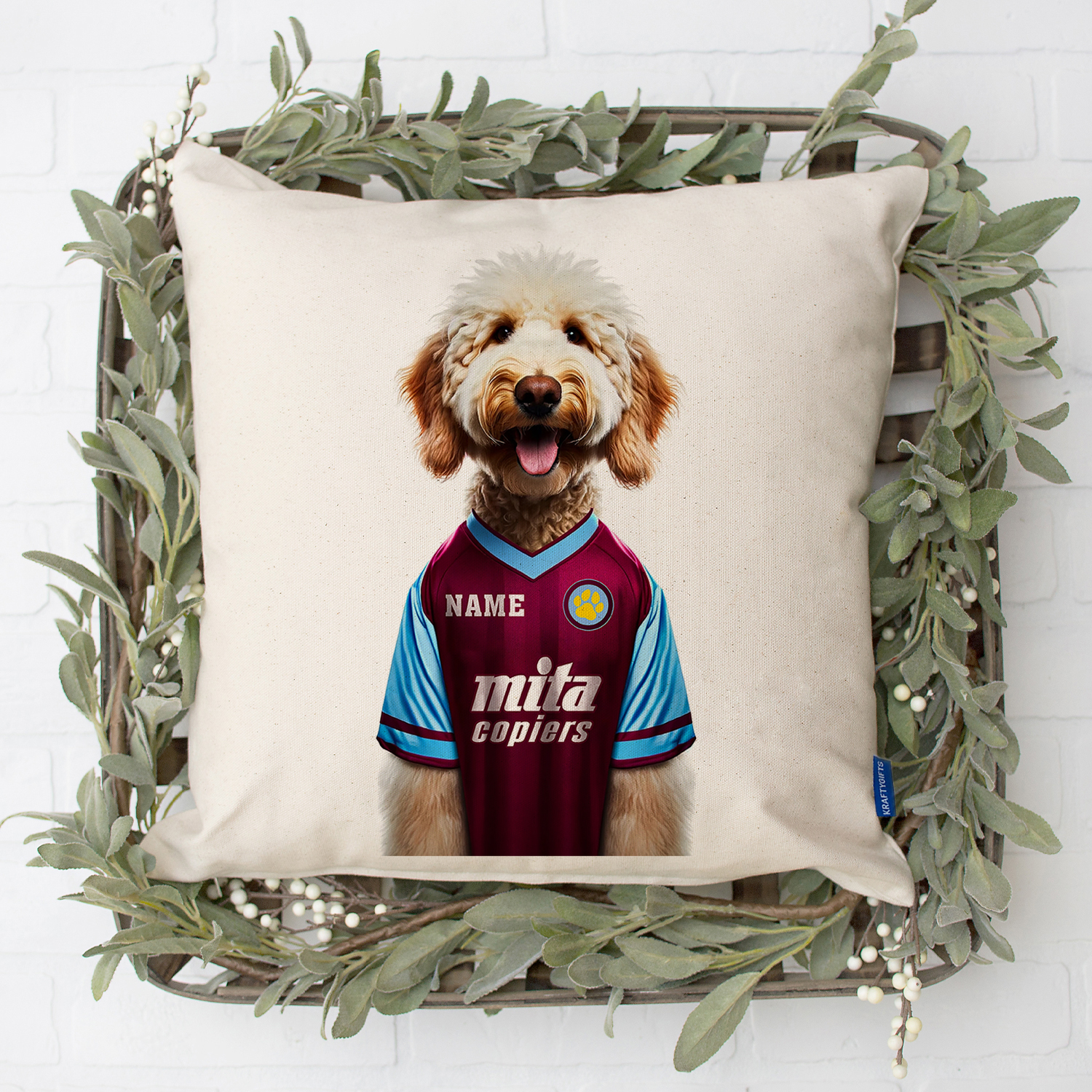 Aston Villa Football Blonde Doodle Dog Cushion Personalised Cover DFC548 - Image 9