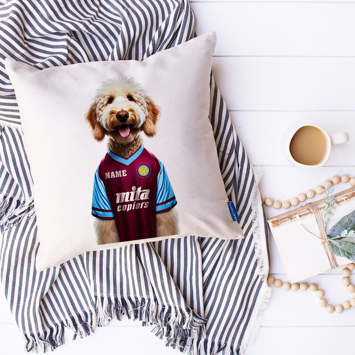 Aston Villa Football Blonde Doodle Dog Cushion Personalised Cover DFC548 - Image 8