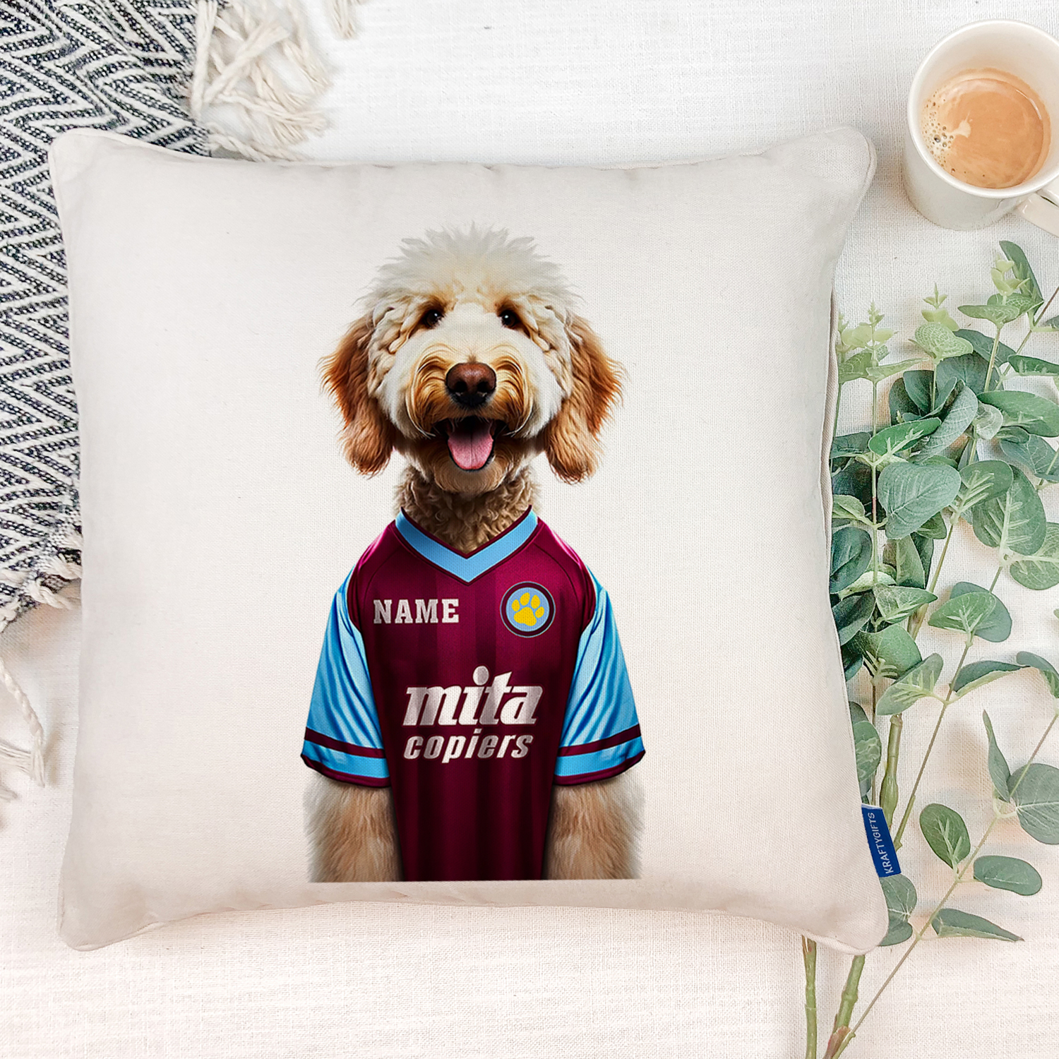 Aston Villa Football Blonde Doodle Dog Cushion Personalised Cover DFC548 - Image 3