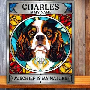 Personalised Cavalier King Charles Spaniel Dog Mischief Metal Sign DG08
