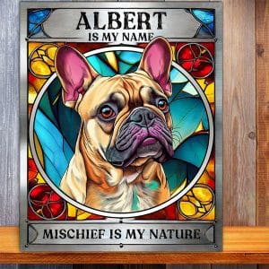 Personalised Frenchie French Bulldog Dog Mischief Metal Sign DG19